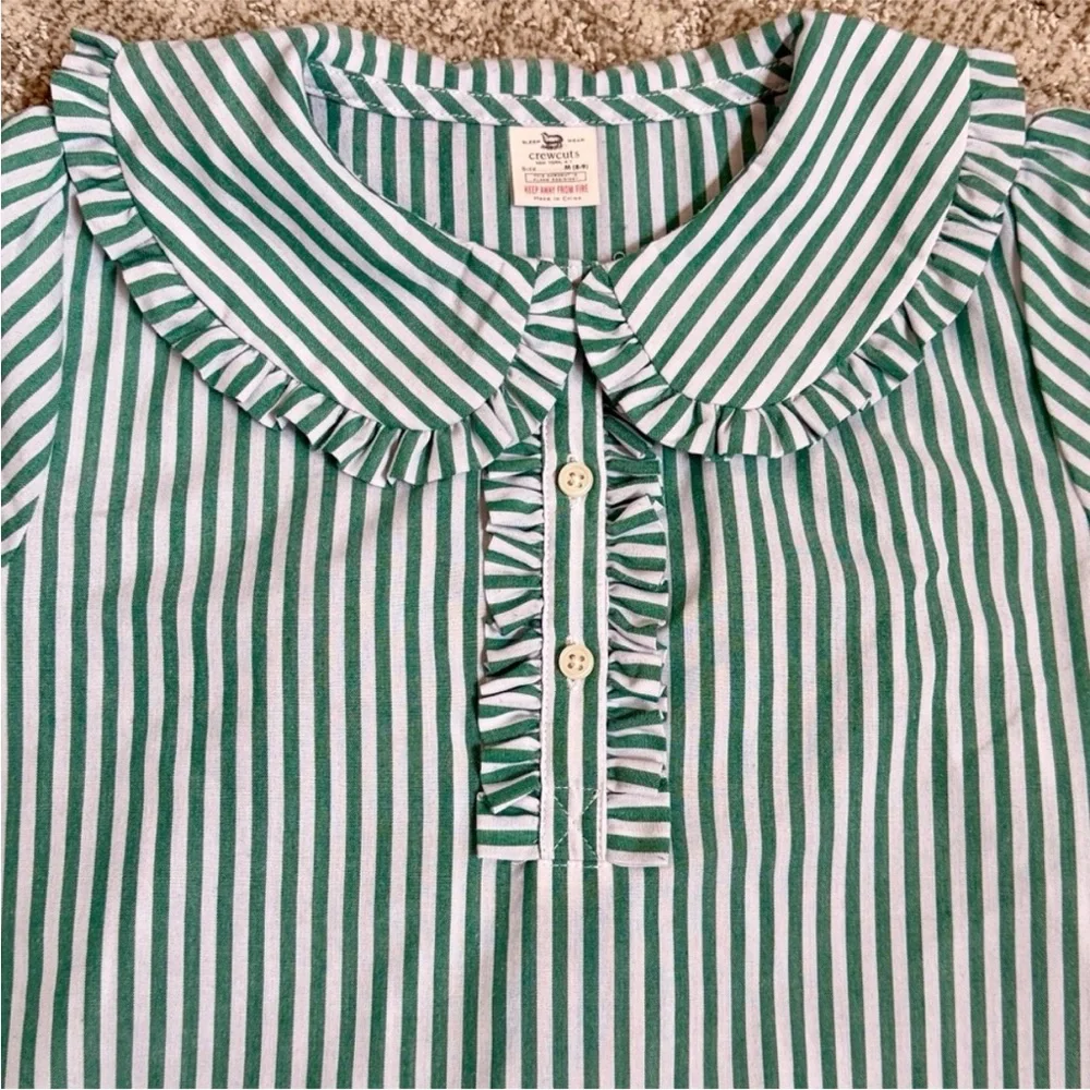 J.Crew Girls' Long-Sleeve Green Stripe Ruffle-Front Nightgown—S